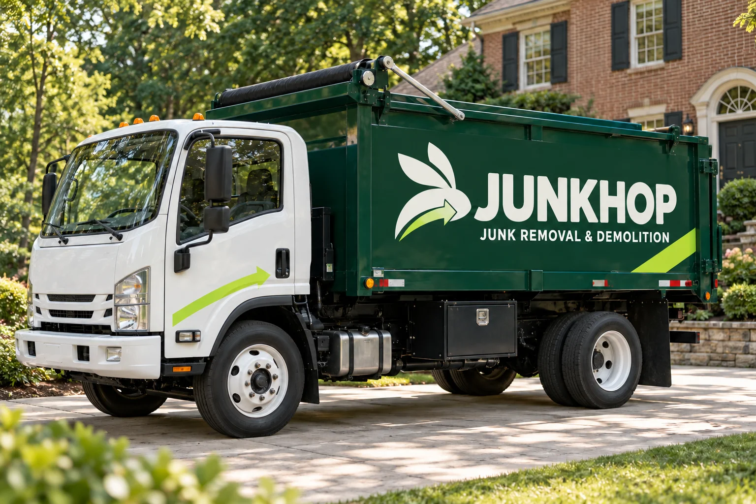 JunkHop truck branding concept in a leafy residential driveway